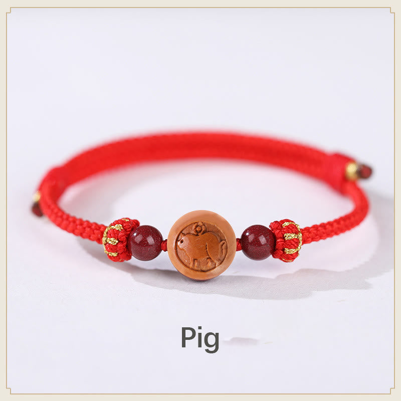 Pulsera de riqueza de cinabrio tallada con carácter del zodíaco chino, madera de melocotón Natural, Buddha Stones - Cerdo-Rojo (Circunferencia de la muñeca 14-18 cm) - image 10