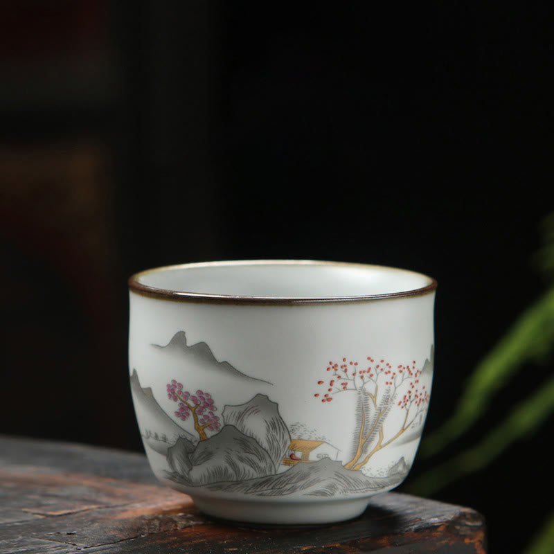 Taza de té de cerámica con Buddha Stones , níspero, lichi, paisaje nevado, uva, manzana, taza de té de Kung Fu