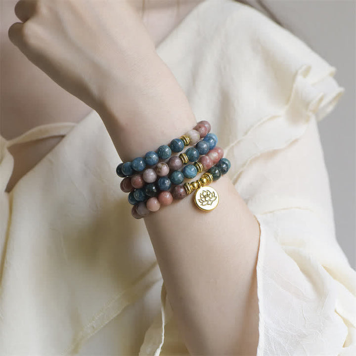 Buddha Stones Lazurita Jaspe Picasso Amazonita Rodonita Apatita Pulsera de cuentas de oración de loto positivo