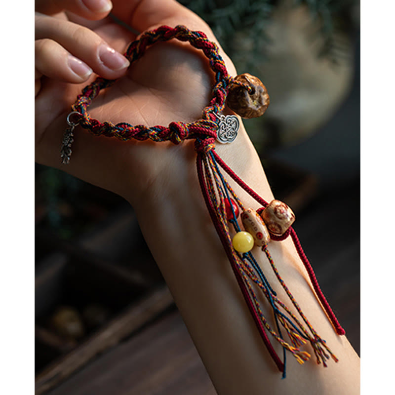 Pulsera de hilo de colores hecha a mano tibetana con Buddha Stones , Plata de Ley 925, protección de peces Koi, pulsera de cuerda resistente