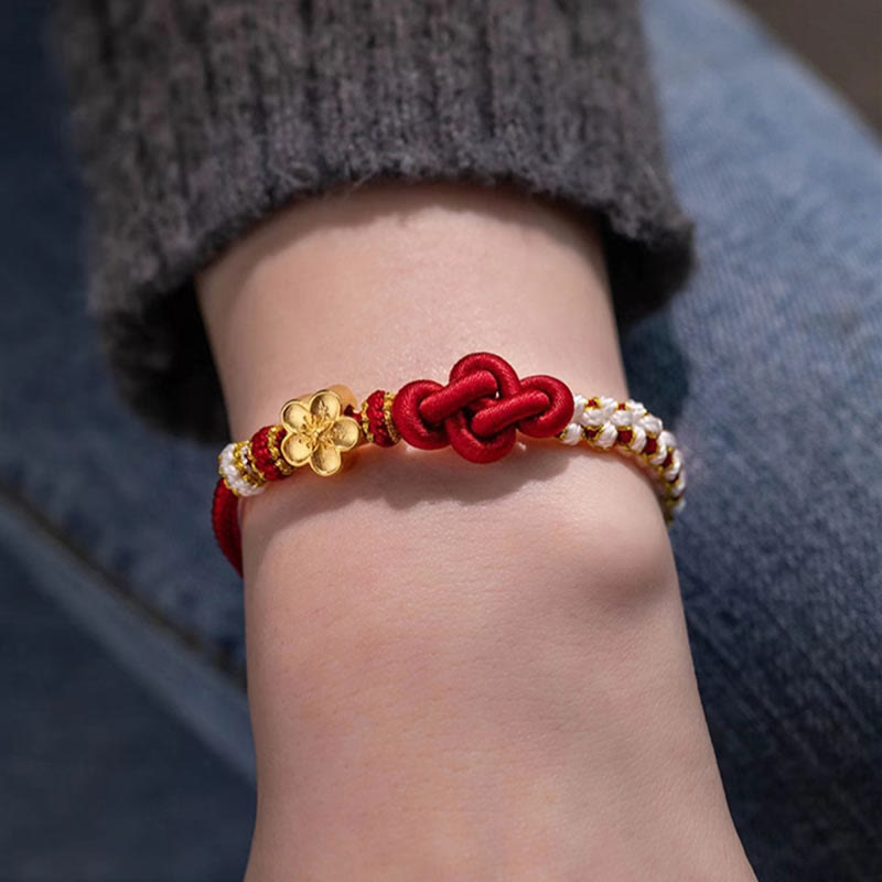 Pulsera de cuerda de la suerte con dije de flor de melocotón, nudo de amor verdadero hecho a mano con Buddha Stones