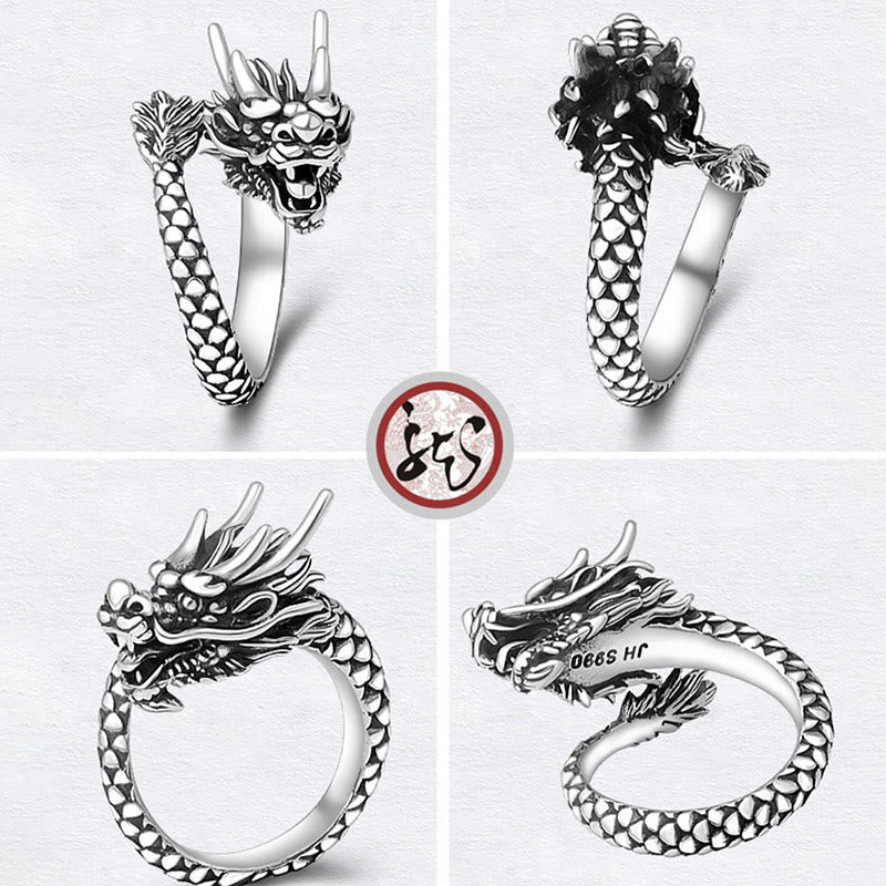Anillo ajustable de plata de ley 990 con Buddha Stones , diseño de dragón vintage, protección de la suerte y fuerza - image 9