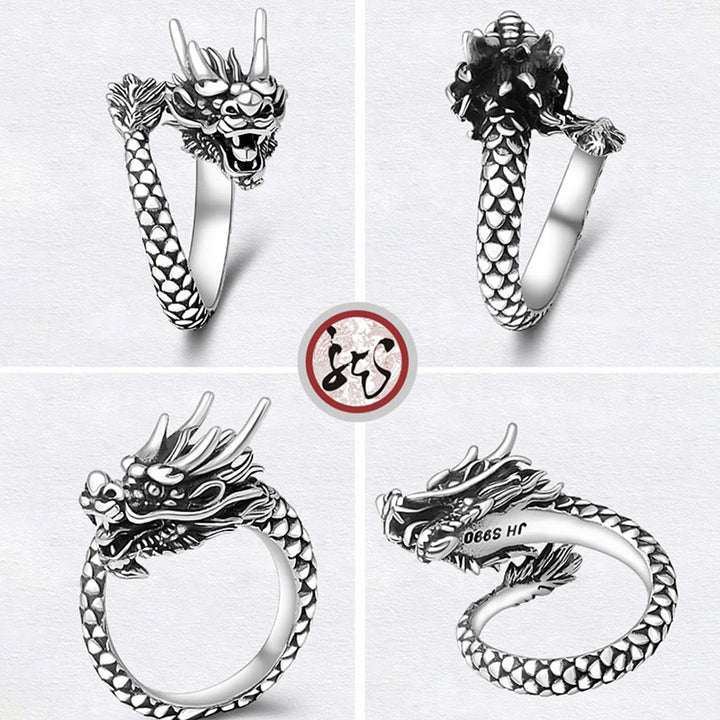 Anillo ajustable de plata de ley 990 con Buddha Stones , diseño de dragón vintage, protección de la suerte y fuerza - image 9