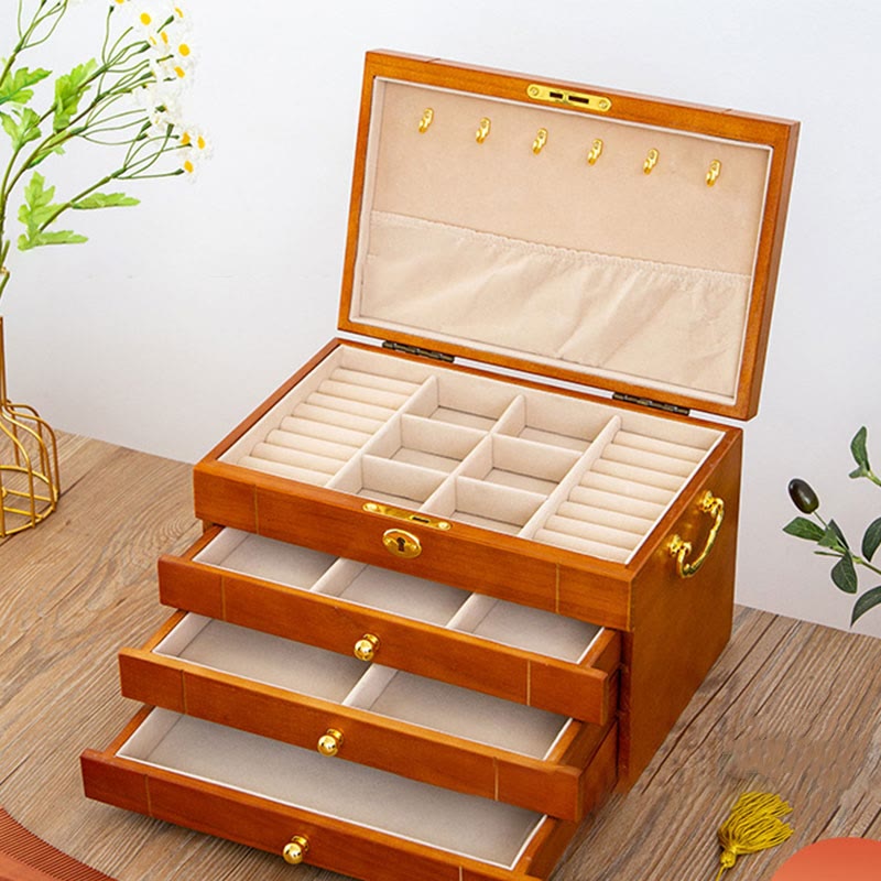 Caja de joyería de madera maciza retro con Buddha Stones, caja de almacenamiento de joyería de madera de cuatro capas