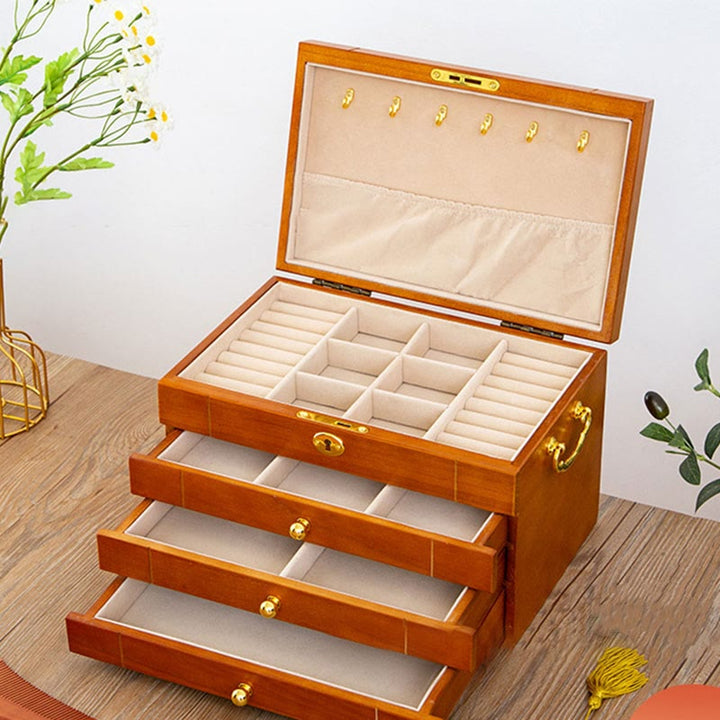 Caja de joyería de madera maciza retro con Buddha Stones, caja de almacenamiento de joyería de madera de cuatro capas
