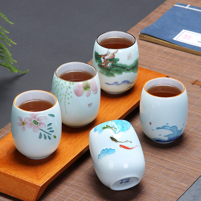Taza de té de cerámica con Buddha Stones, pez Koi, paisaje de loto, diente de león, flor de peonía, taza de té de Kung Fu