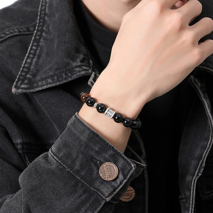 Pulsera de cumplimiento Om Mani Padme Hum de ojo de tigre de obsidiana negra de plata de ley 999 con Buddha Stones