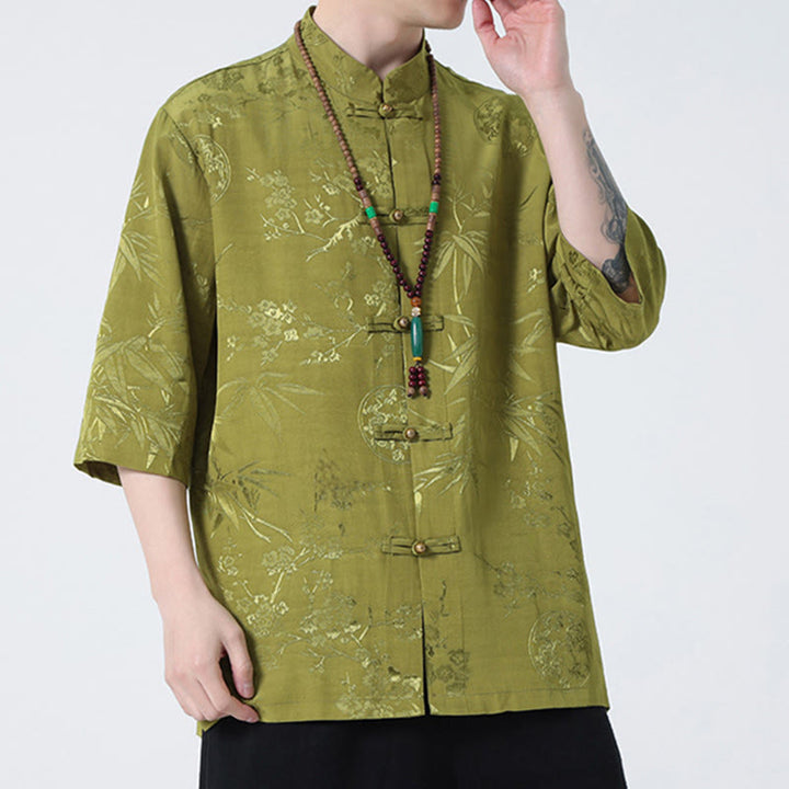 Camiseta de hombre con botones de rana, camisa china de media manga con Buddha Stones , flor de melocotón, hojas de bambú