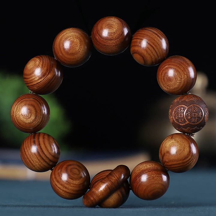 Buddha Stones Zodíaco chino Palisandro Sándalo verde Madera de ébano Moneda de cobre tallada Pulsera tranquila