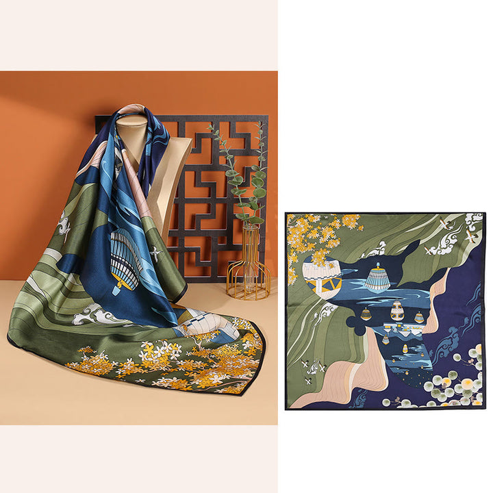 Buddha Stones escena pastoral globo aerostático flor de primavera 100% seda de morera cuello bufanda para el pelo - Globo aerostático azul marino - image 9