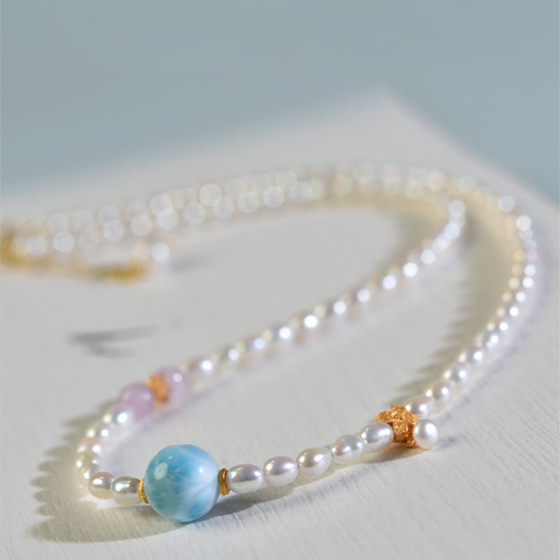 Colgante de collar de sinceridad de Larimar con perlas naturales de plata de ley 925 con Buddha Stones - image 6