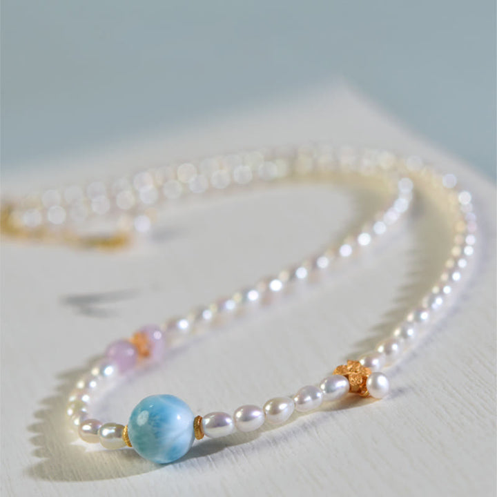 Colgante de collar de sinceridad de Larimar con perlas naturales de plata de ley 925 con Buddha Stones - image 6