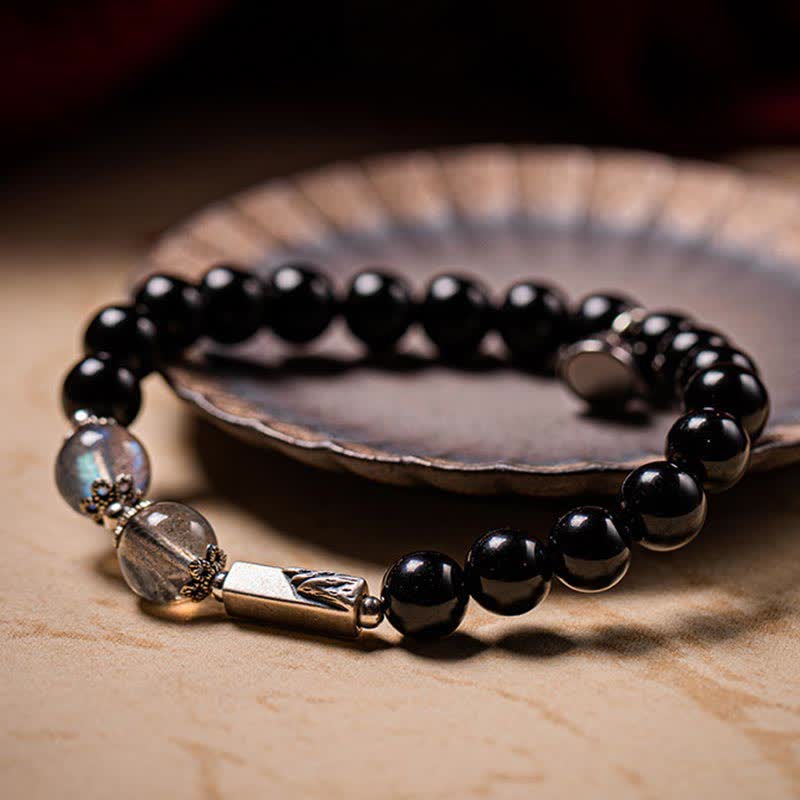 Pulsera de pareja de fuerza de piedra lunar de obsidiana de plata de ley 925 - image 1