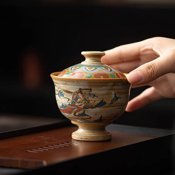 Taza de té de cerámica Gaiwan Sancai de Dunhuang Flying Apsaras con Buddha Stones, taza de té de Kung Fu con tapa