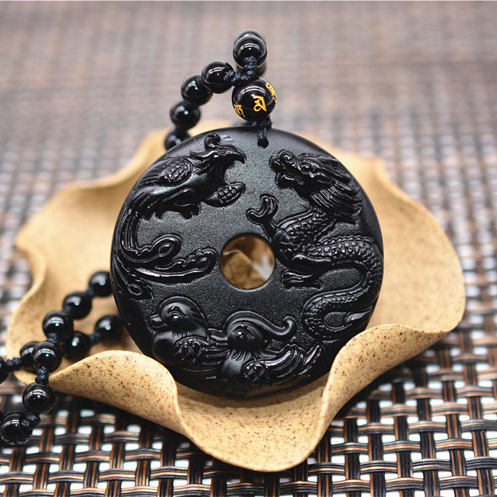 Buddha Stones Obsidiana Negra Dragón Fénix Pato Mandarín Collar de Protección de la Suerte Colgante