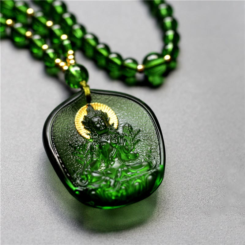 Buddha Stones Tara Verde Tibetana Buda Chapado en Oro Liuli Collar de protección de Cristal Colgante - Tara Verde - Versión de luz de Buda - image 2