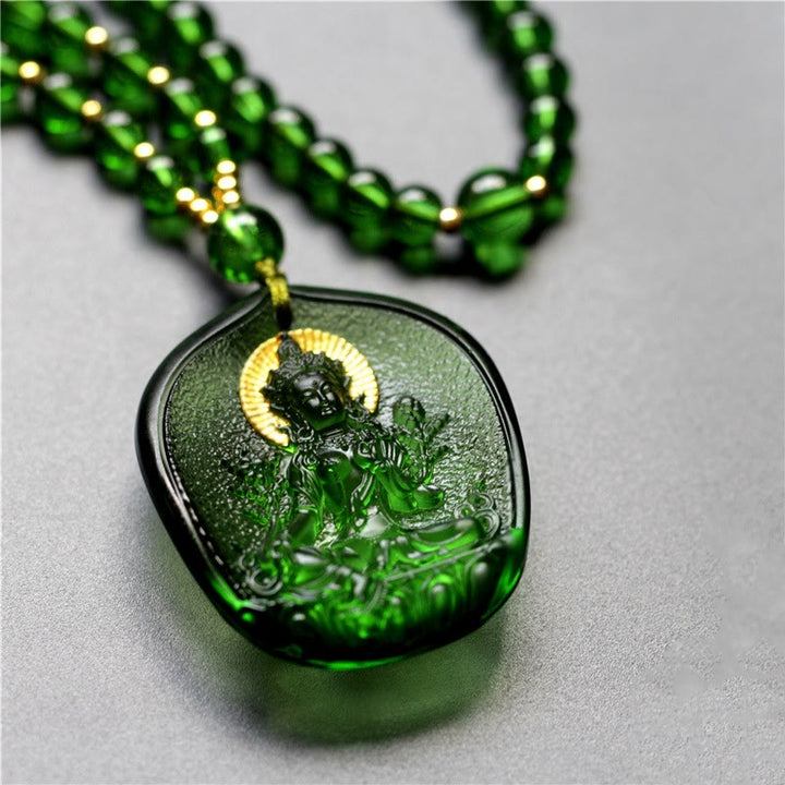 Buddha Stones Tara Verde Tibetana Buda Chapado en Oro Liuli Collar de protección de Cristal Colgante - Tara Verde - Versión de luz de Buda - image 2