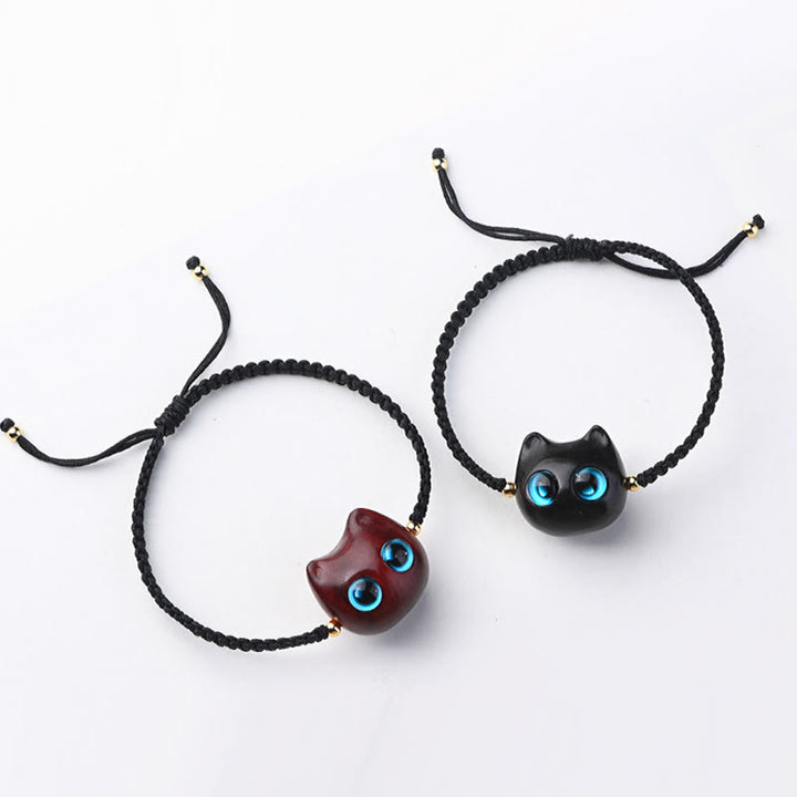 Pulsera trenzada con Buddha Stones, hoja pequeña, sándalo rojo, madera de ébano, cabeza de gato bonita, protección tranquila - image 18