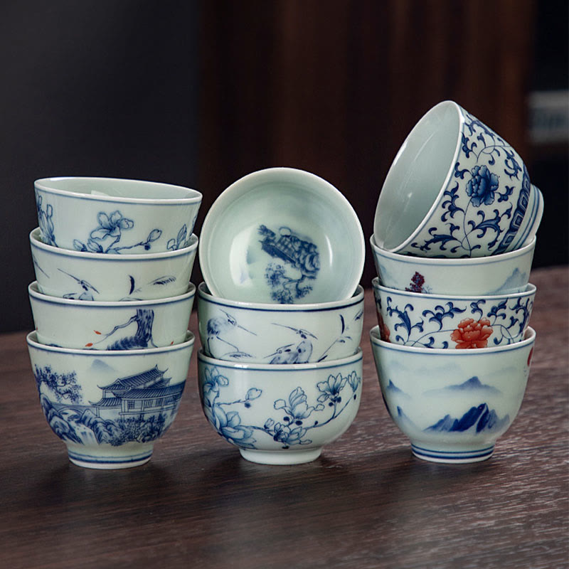 Taza de té de cerámica pequeña con Buddha Stones, paisaje azul, montañas, loto, lindos pabellones de gatos, Magnolia Reed Egrets, taza de té de Kung Fu