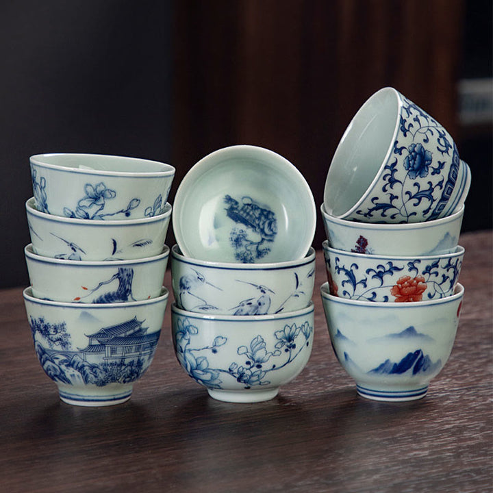 Taza de té de cerámica pequeña con Buddha Stones, paisaje azul, montañas, loto, lindos pabellones de gatos, Magnolia Reed Egrets, taza de té de Kung Fu