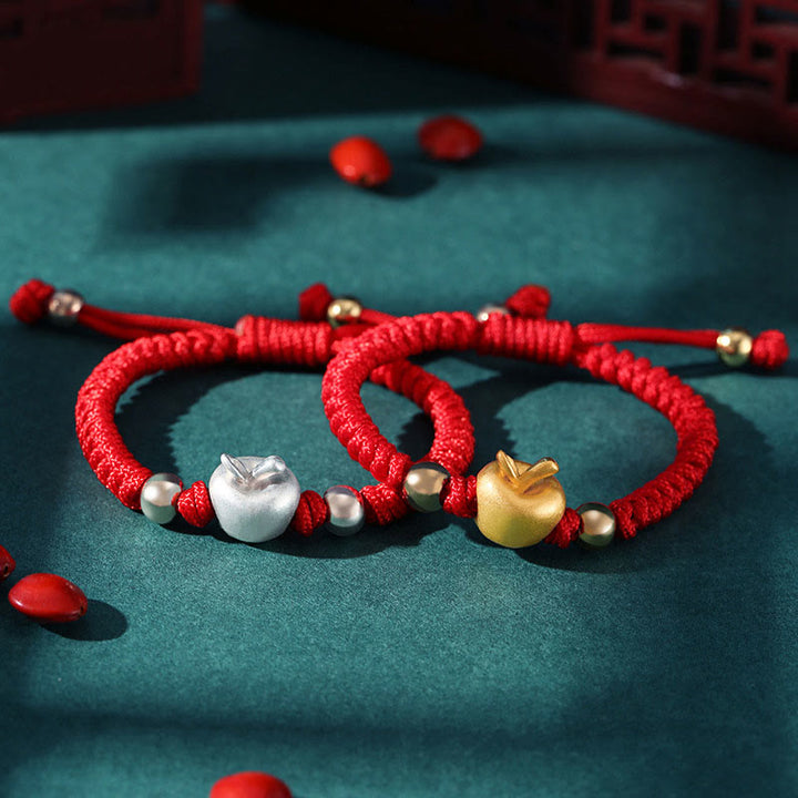 Pulsera para niños hecha a mano con Buddha Stones de plata de ley 999, color rojo manzana, cuerda multicolor, protección de la suerte