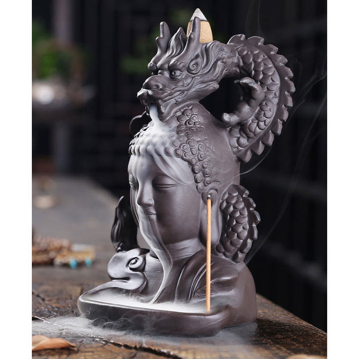 Buddha Stones, dragón, Buda, nubes propicias, arcilla púrpura, decoración de quemador de incienso curativo