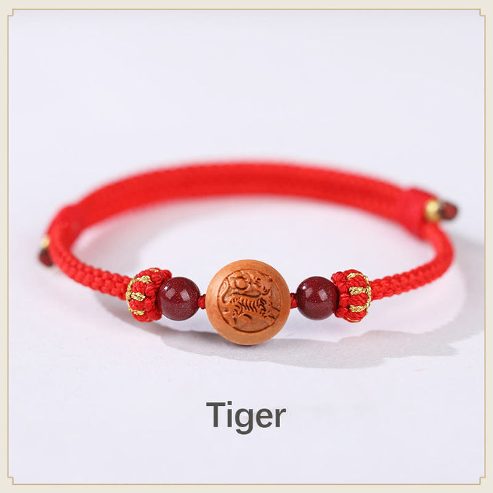 Pulsera de riqueza de cinabrio tallada con carácter del zodíaco chino, madera de melocotón Natural, Buddha Stones - Tigre-Rojo (Circunferencia de la muñeca 14-18 cm) - image 3