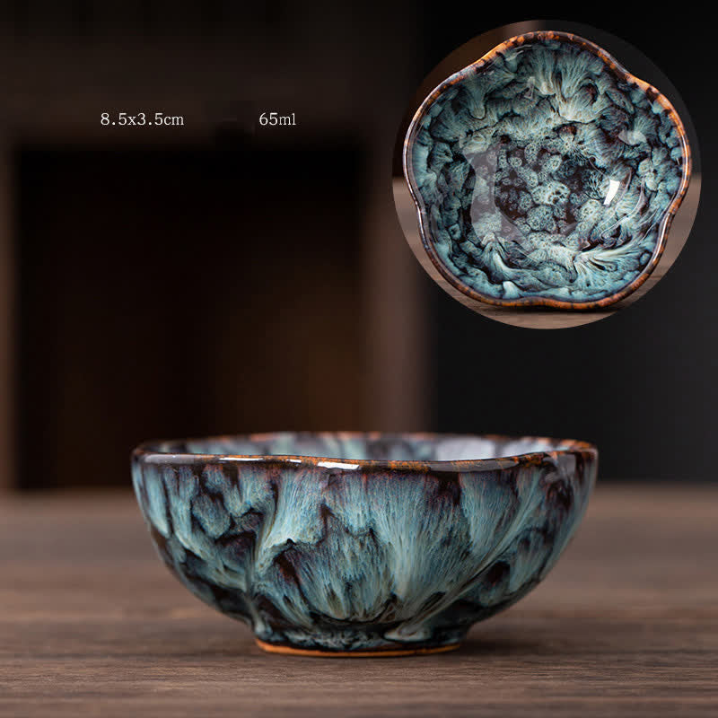 Tazas de té de cerámica con diseño de flor de melocotón y Buddha Stones