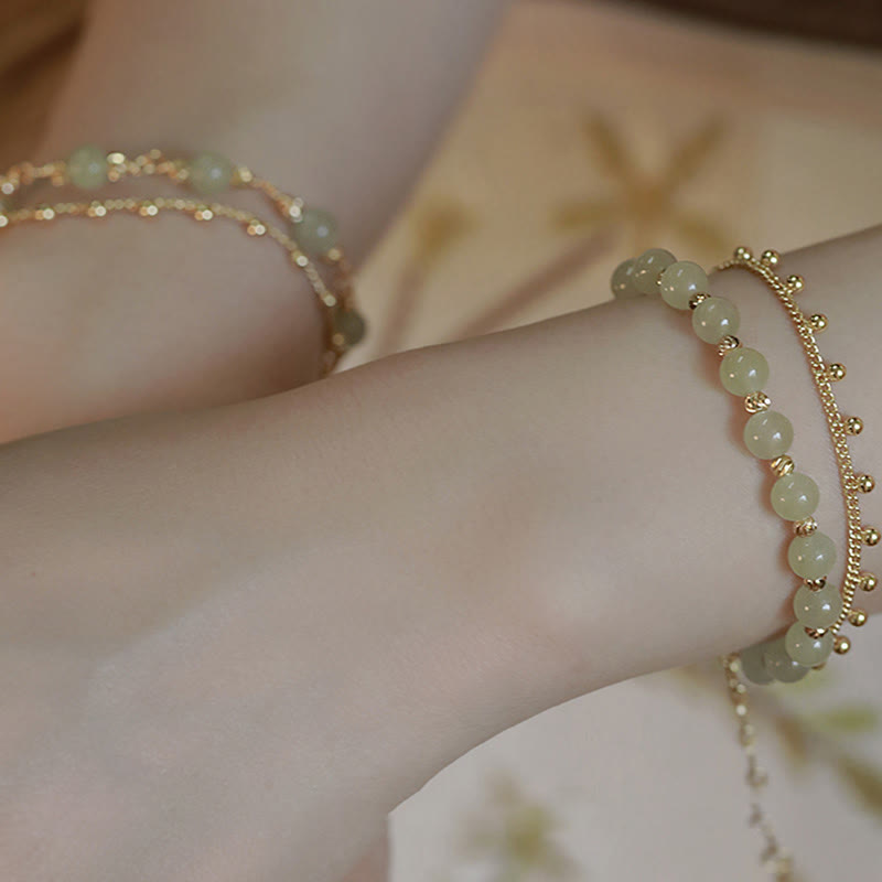 Pulsera de prosperidad de la suerte con cuentas de jade hetiano de 2 capas chapada en oro de 14 quilates