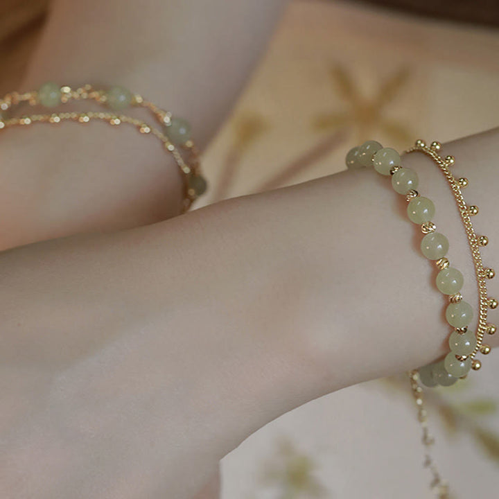 Pulsera de prosperidad de la suerte con cuentas de jade hetiano de 2 capas chapada en oro de 14 quilates
