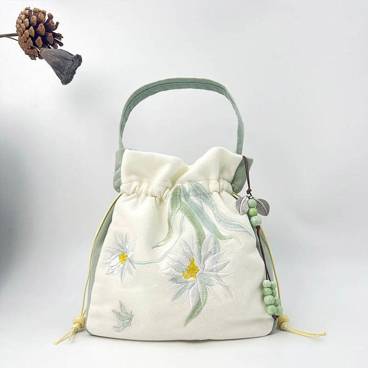 Bolso bandolera con Buddha Stones, bordado, mariposa, loto, magnolia, algodón y lino