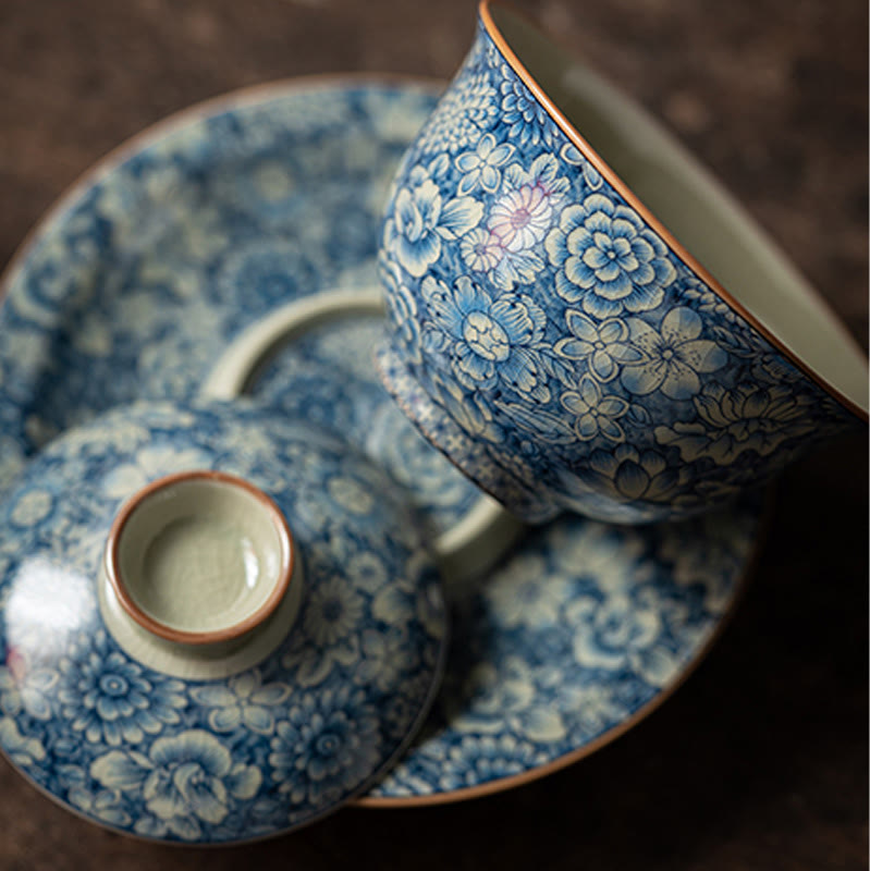 Buddha Stones azul y blanca vintage Flor de durazno Loto Peonía Cerámica Gaiwan Sancai Taza de té Kung Fu Taza de té y platillo con tapa