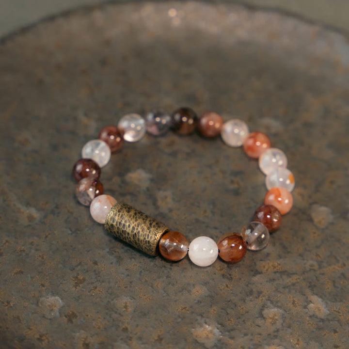 Buddha Stones Cristal blanco Cuarzo hematoide rojo Cuarzo rutilado dorado Pulsera de protección fantasma púrpura