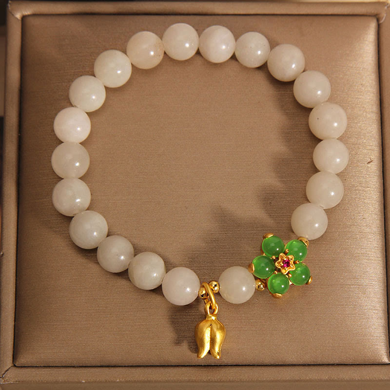 Pulsera de la suerte con Buddha Stones, jade natural, flor verde, lirio de los valles