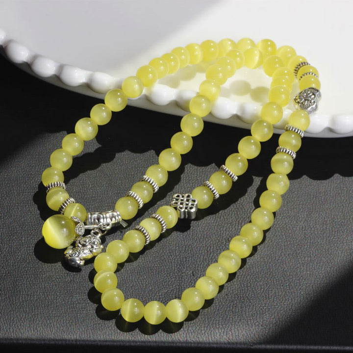 Pulsera de triple vuelta con soporte PiXiu de ojo de gato y Buddha Stones