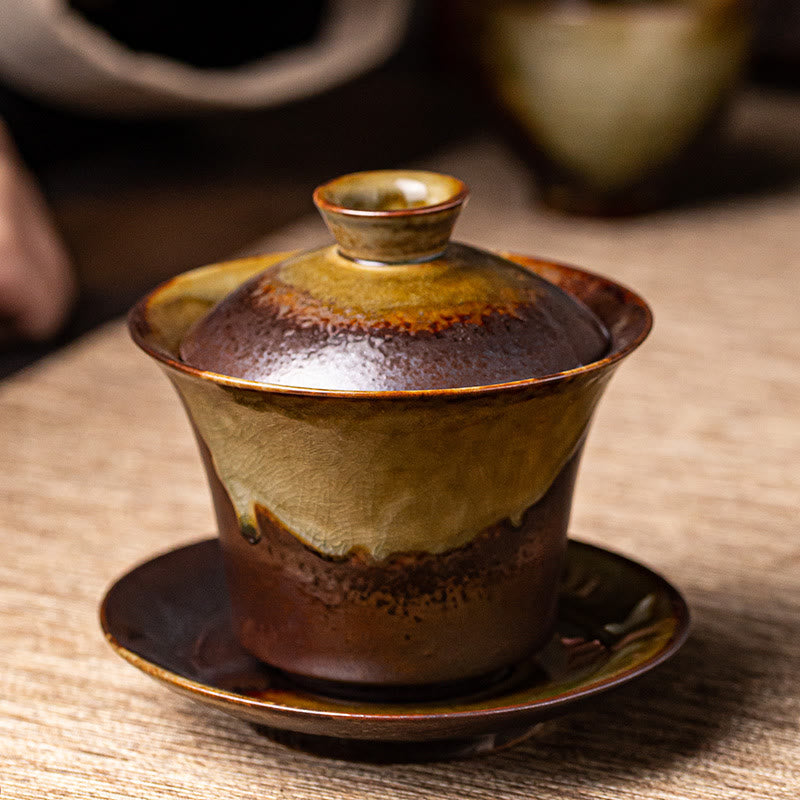 Buddha Stones Vintage marrón horno cambiar diseño porcelana cerámica Gaiwan Sancai taza de té Kung Fu y platillo con tapa