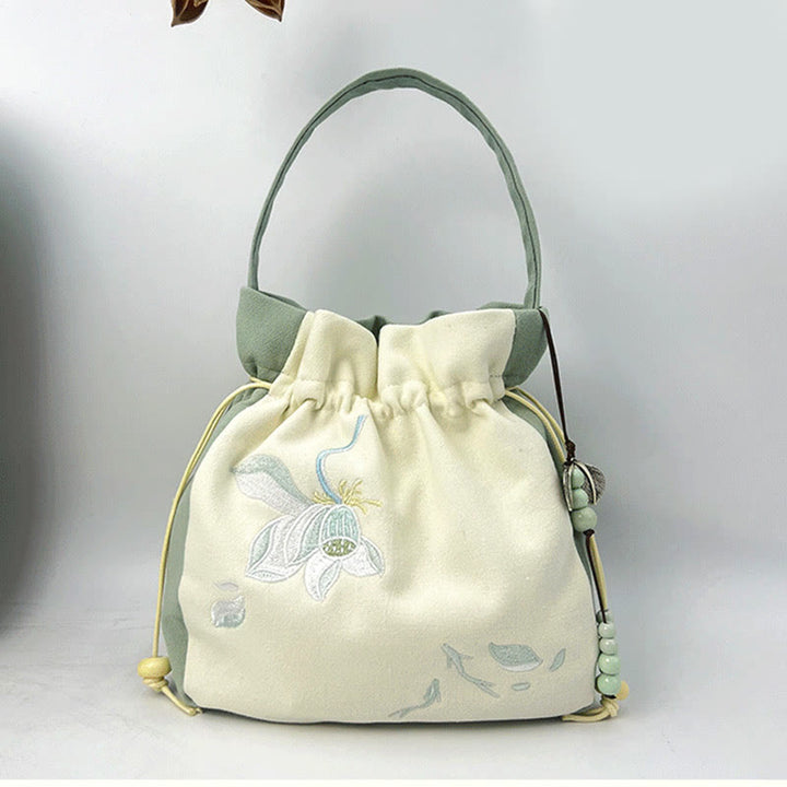 Bolso bandolera con Buddha Stones, bordado, mariposa, loto, magnolia, algodón y lino