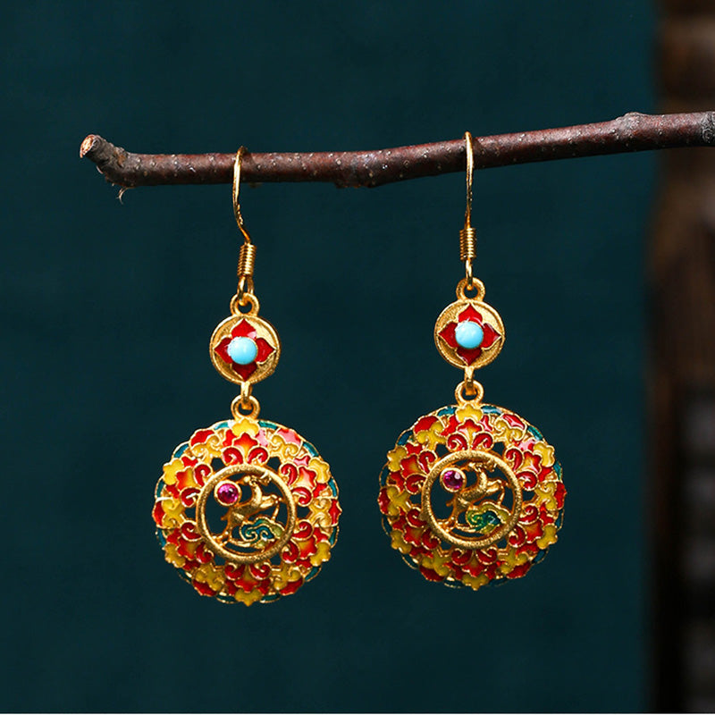 Pendientes colgantes de equilibrio de cobre de alce de color Dunhuang chapados en oro de 24 quilates con Buddha Stones