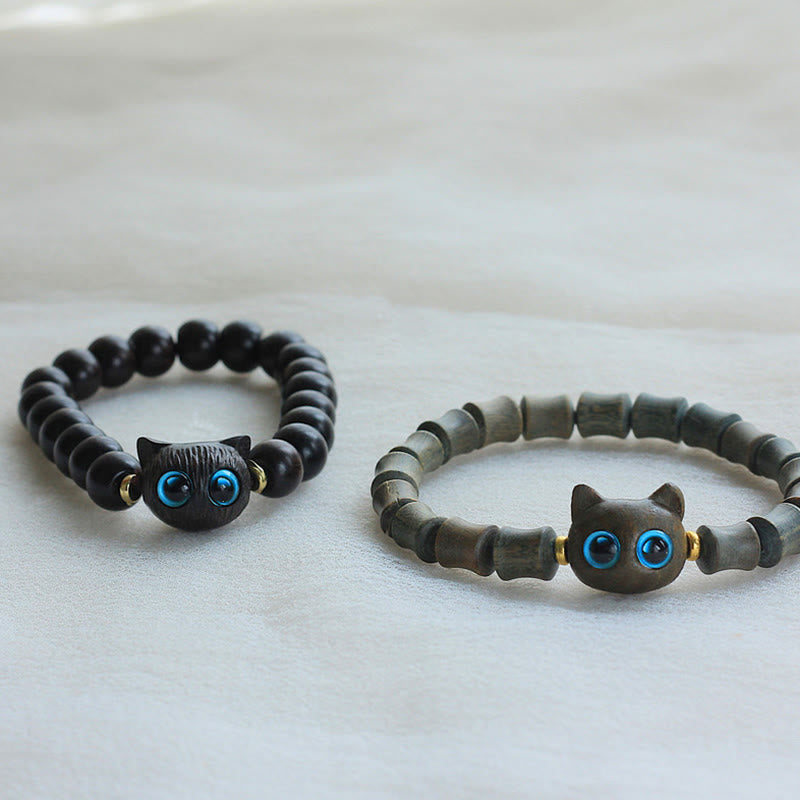 Buddha Stones Madera de ébano Sándalo verde Lindo gato Pulsera de la paz - image 2