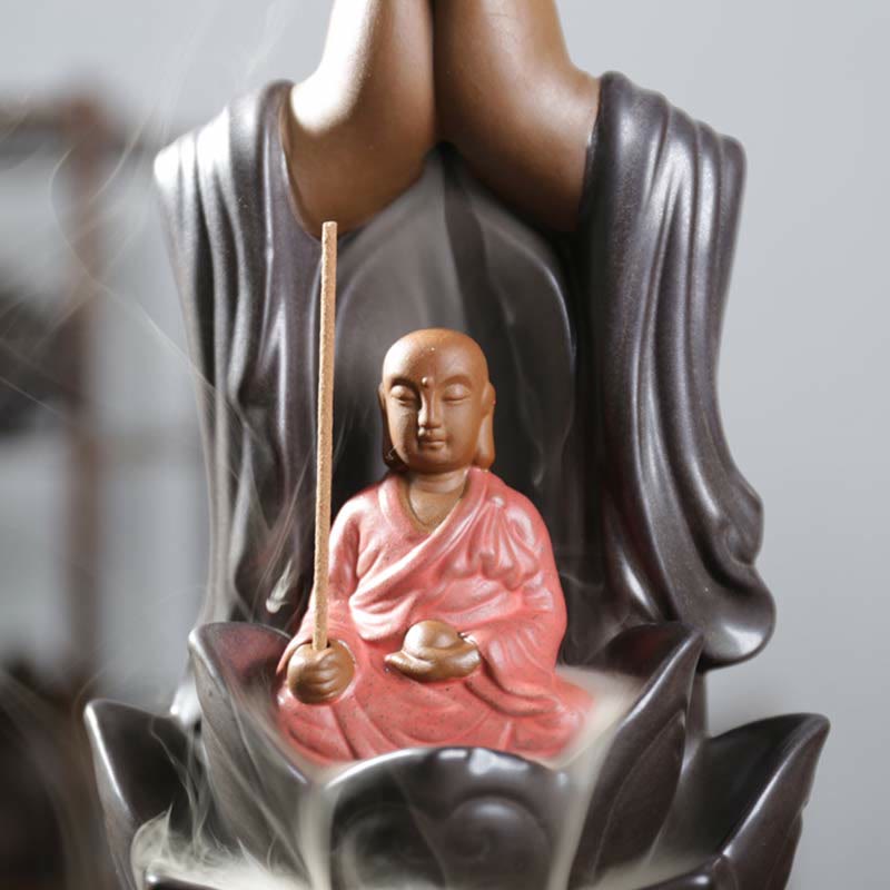 Quemador de incienso de reflujo de bendición de loto de cerámica de Buda Avalokitesvara Chenrezig Ksitigarbha