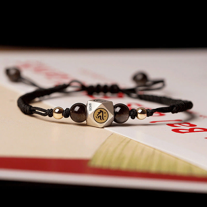 Pulsera trenzada de plata de ley 925 hecha a mano con Buddha Stones , zodíaco chino, Buda natal, cinabrio - Cuerda gruesa negra (circunferencia de la muñeca: 14-17 cm) - Perro/Cerdo-Buda Amitabha - image 3