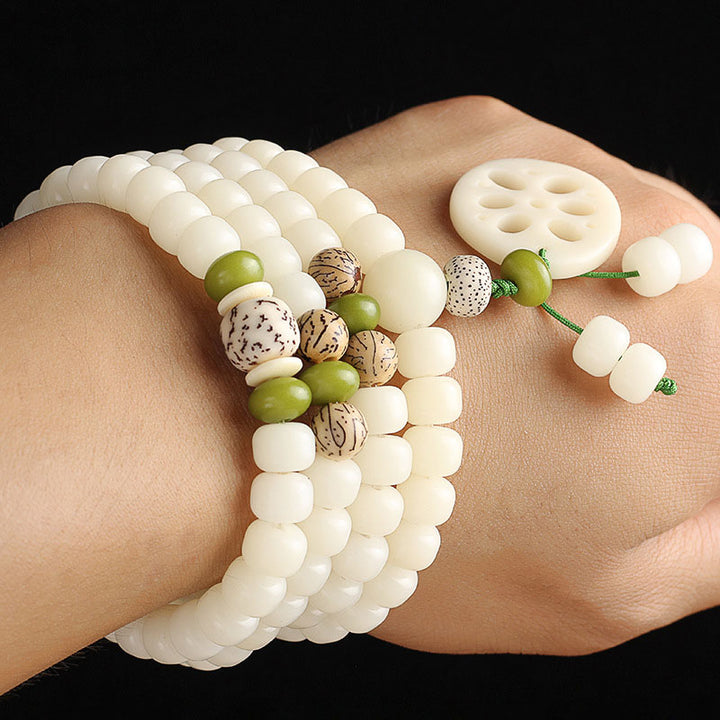 Pulsera de la suerte de 108 cuentas de Mala de semilla de Bodhi blanca