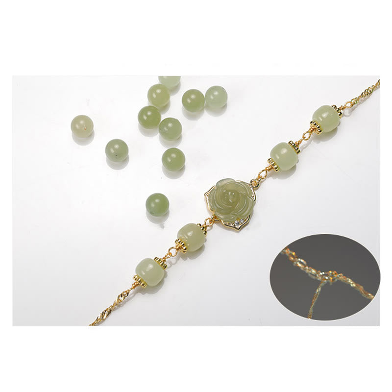 Pulsera de cadena de la suerte con flor de rosa de jade hetiano chapada en oro de 14 quilates con Buddha Stones