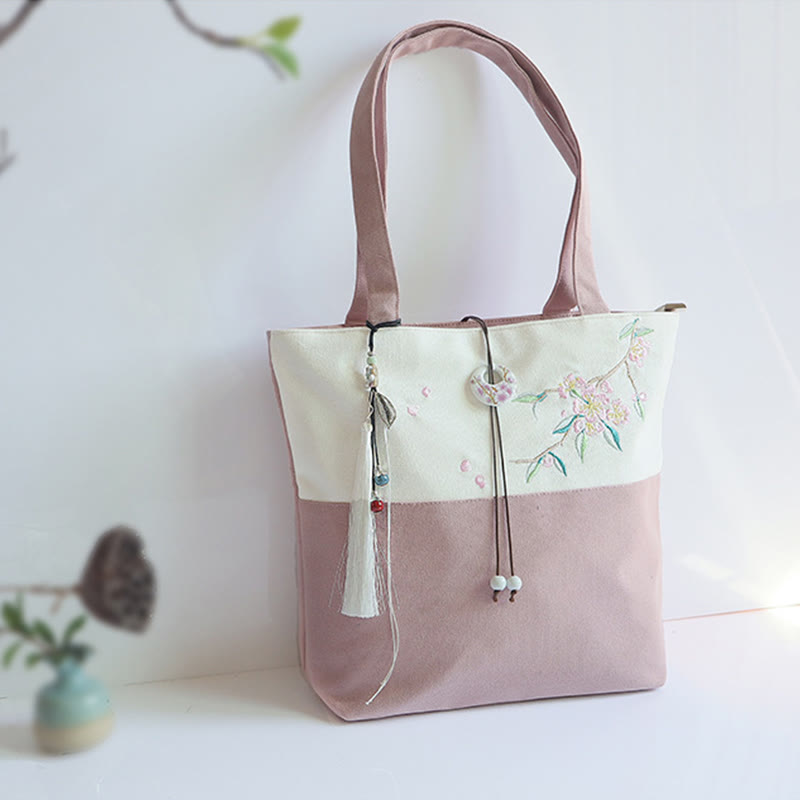 Bolso de hombro de gran capacidad con bordado de bambú, flor de pera, ciruelo, flor de melocotón, bolso de mano