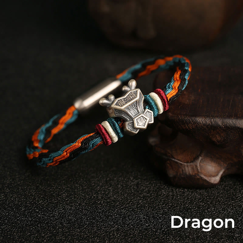 Pulsera de cuerda con nudo de reencarnación colorida, protección del zodíaco chino, Año del Dragón, plata de ley 999 hecha a mano con Buddha Stones