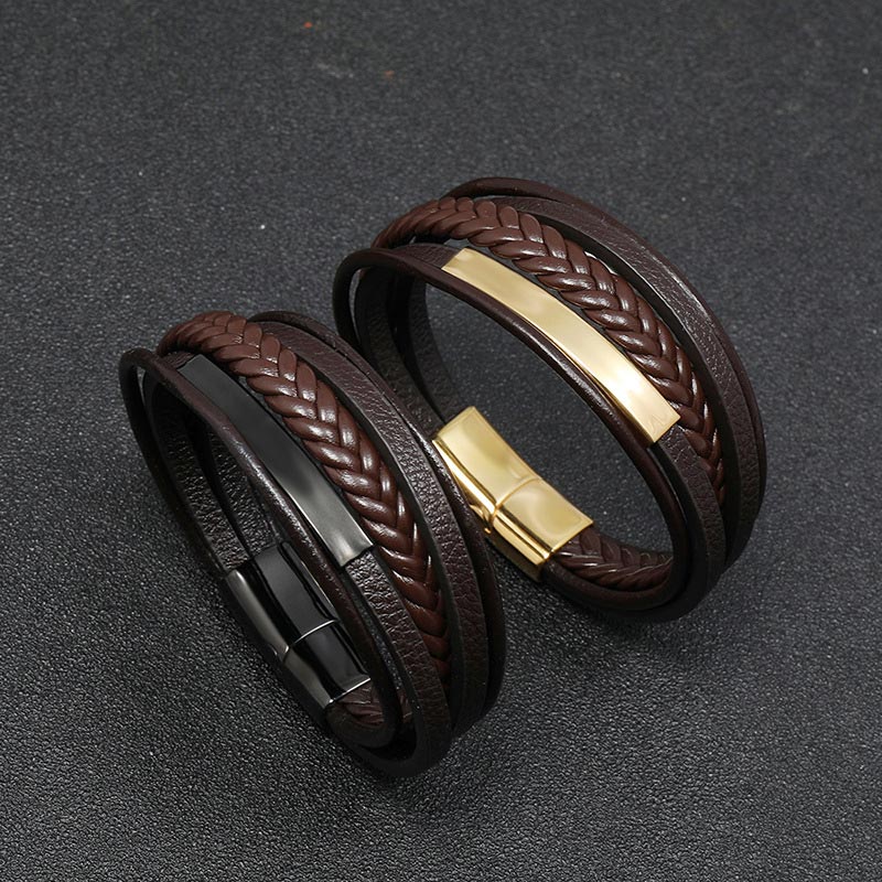 Pulsera de la suerte de cuero y acero titanio con diseño simple de Buddha Stones
