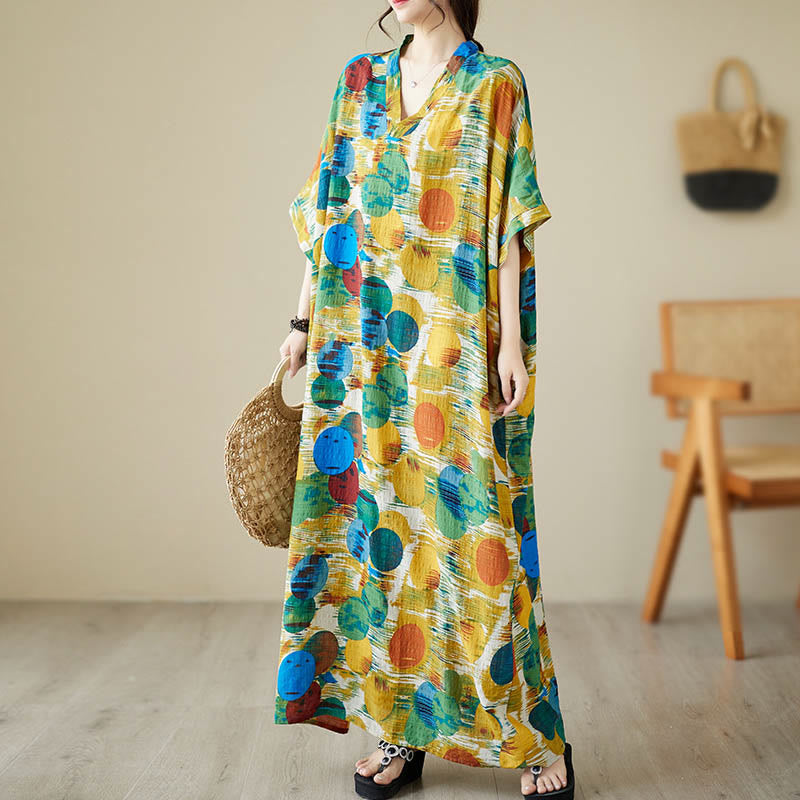 Vestido midi de lunares de colores azul naranja y piedras de Buddha Stones Vestido de media manga de algodón con bolsillos