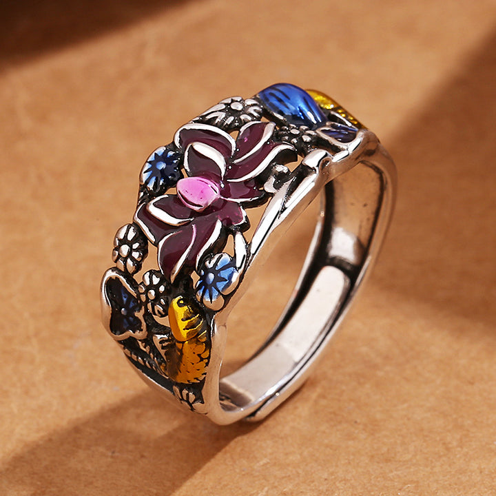 Anillo de riqueza de la suerte con diseño de hojas de flor de loto y peces Koi de Buddha Stones
