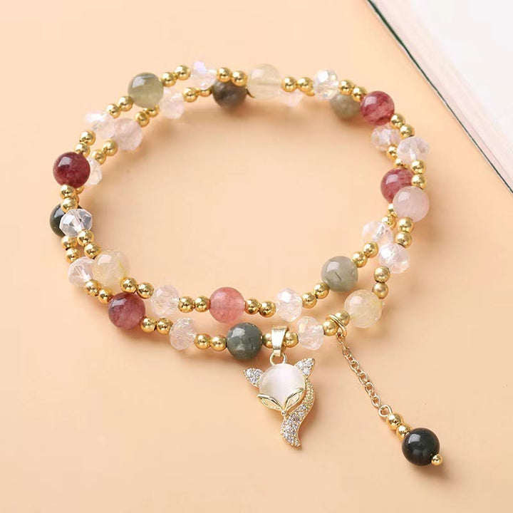 Pulsera de doble vuelta con protección de zorro de cuarzo rutilado multicolor con Buddha Stones