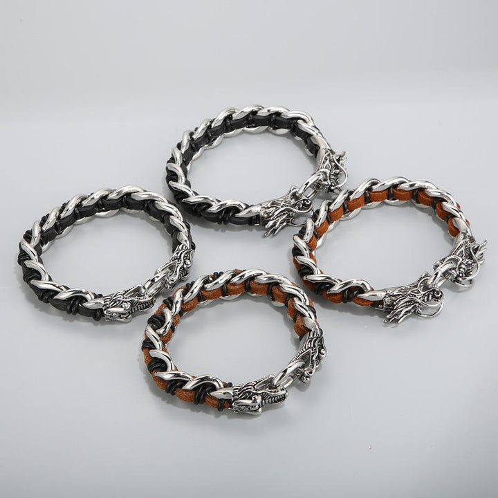 Pulsera trenzada de la suerte con protección de acero titanio y cuero de dragón